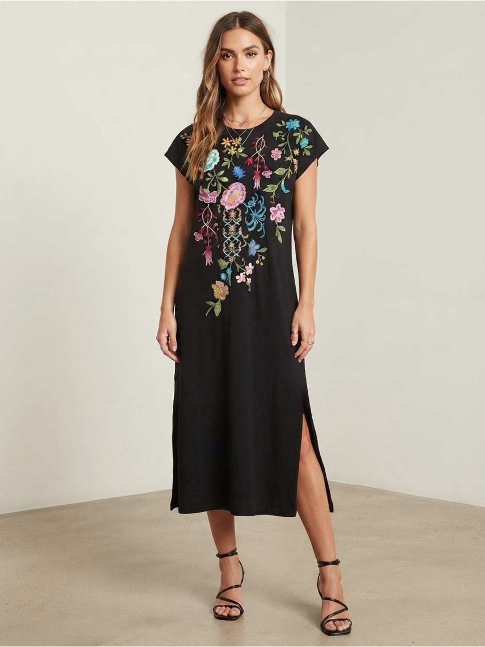 Johnny Was Sheri Black Midi Dress Floral Embroidery Round Neck Side Slits XS